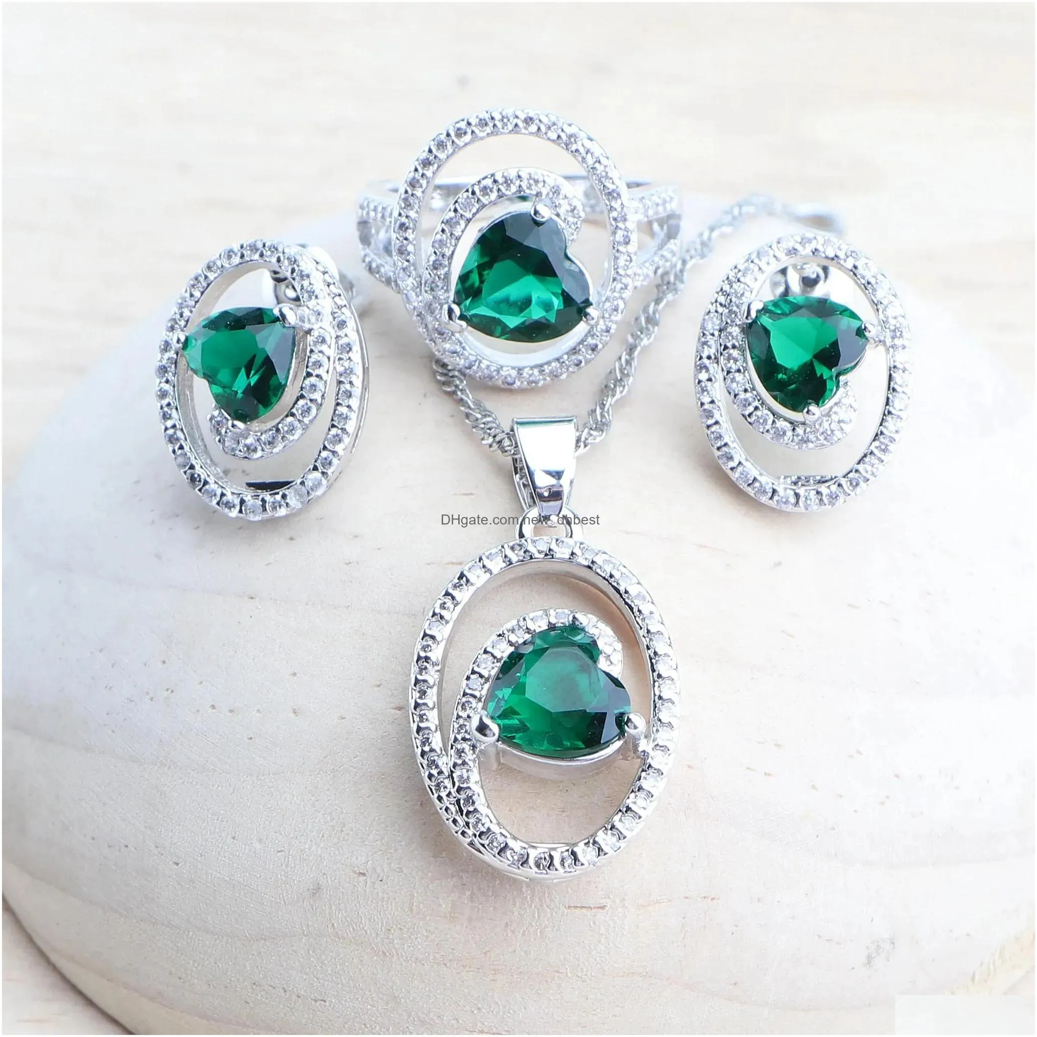 Bracelet & Necklace Sets Sier Bridal Jewelry For Women Green Zircon Wedding Jewerly Earrings Rings Stones Bracelets Pendant Set Drop Dhhp1