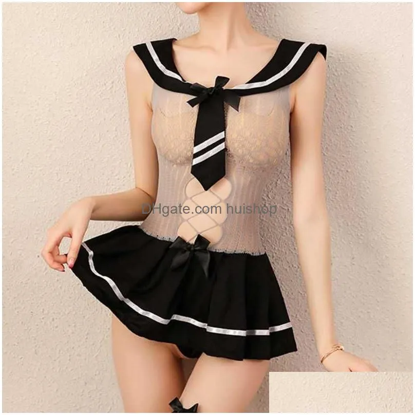 schoolgirl sexy cosplay costume women erotic sheer fishnet lingerie mini dress student stripes uniform with stockings y0913