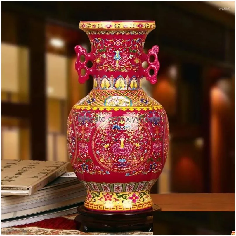 Vases Jingdezhen Ceramics Vase High-Grade Crystal Glaze Rose And Red Ears Lotus Flower Modern Chinese Household Decoration Drop Deliv Dhd6W