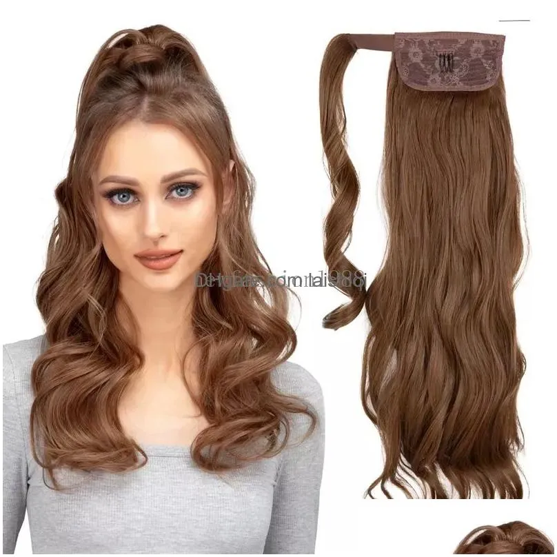 18 ponytail extension brown pony tail wrap around clip in hair extensions curly wavy synthetic high resistant fiber fake hairpiece for