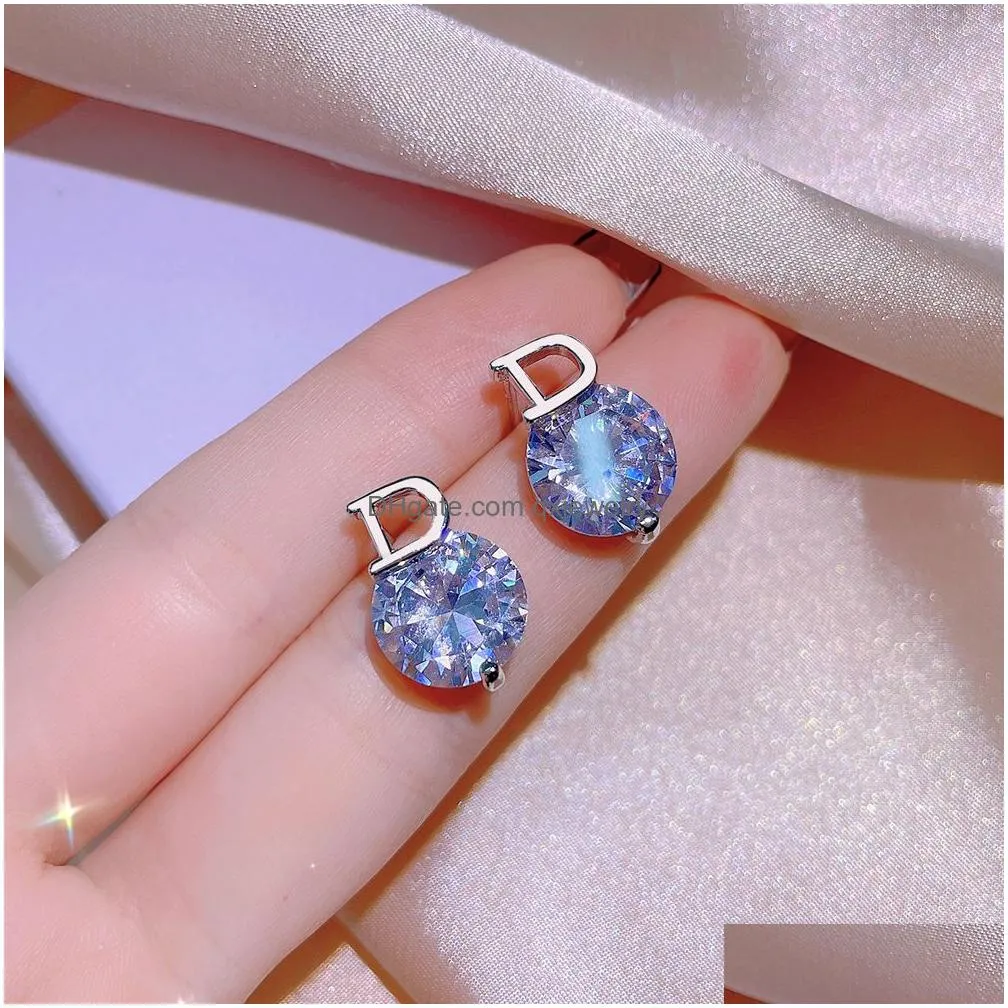 Stud 925 Sterling Sier Heart Love Earrings For Women 18K Rose Gold Shining Elegant Crystal Diamond Ear Rings Letters Designer Earring Dhxqq