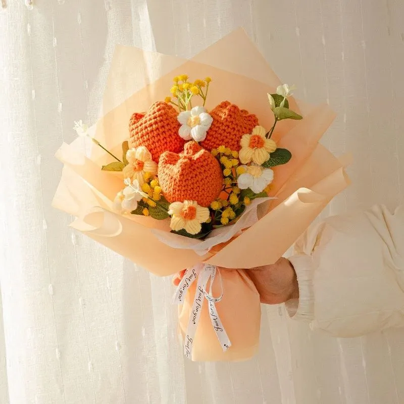 Brushes Finished Suower Crochet Flowers Homemade Flower Bouquet with Packaging Bag Tulip Flower Gifts for Lovers Teacher`s Day Gift