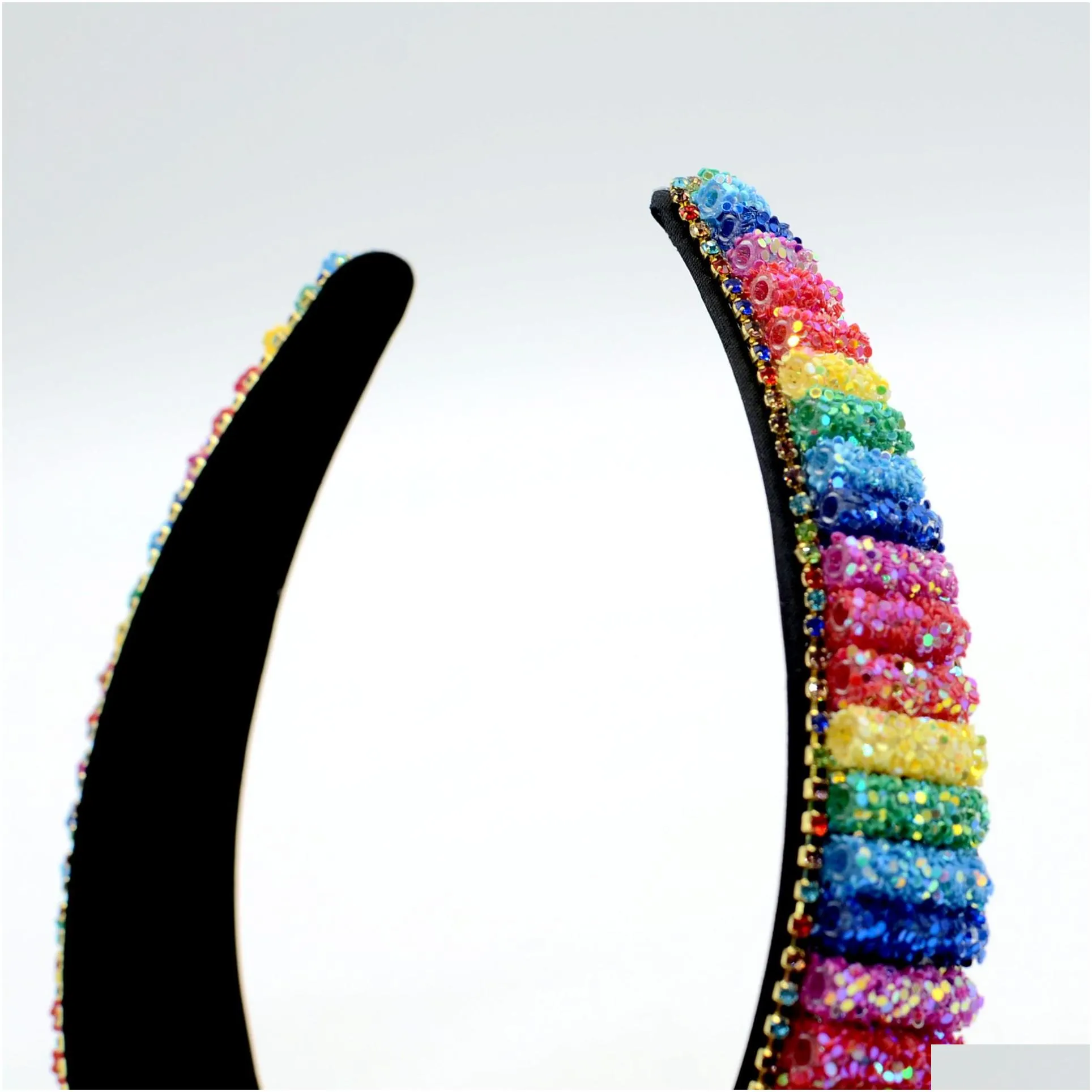 Dropshipping Fashion headband gorgeous rainbow color hair Stichs color handmade beaded wide edge rhinestone
