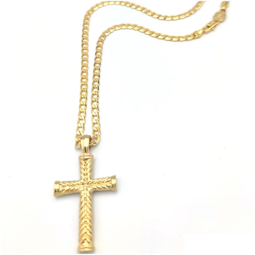 Pendant Necklaces Cross 24 K Solid Gold Gf Charms Lines Necklace Curb Chain Christian Jewelry Factory Wholesalecrucifix God Drop Deli Otjcy