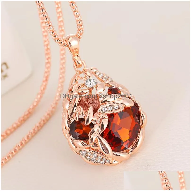 women crystal rhinestone necklaces long popcorn chain champagne rose gold flower wheat ear pendant sweater necklace fashion design party jewelry girls lady