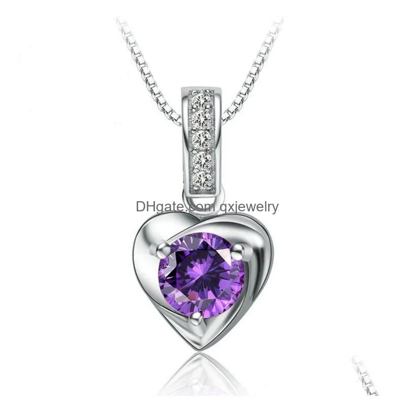 Stud S925 Sterling Sier Love Heart Earrings Necklaces Set Jewelry White Purple Shining Crystal Bling Diamond Choker Necklace Brincos Dhhd3