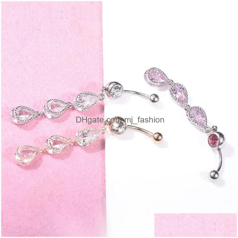Navel & Bell Button Rings Piercing For Women Long Dangle Water Drop Pink Color Zircon Surgical Steel Summer Beach Fashion Body Jewelr Dh5Be
