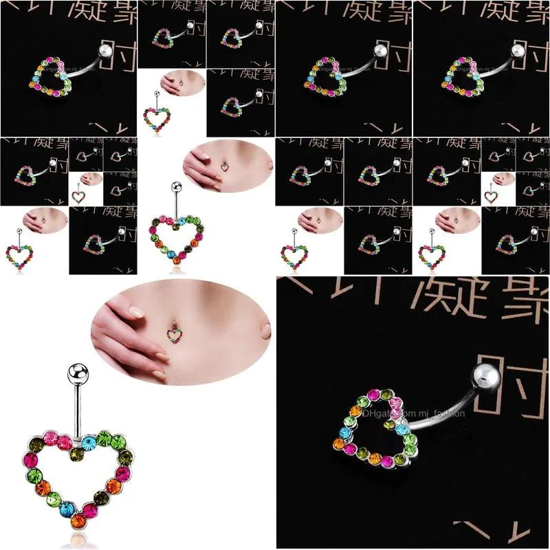 Navel & Bell Button Rings Wasit Belly Dance Colorf Love Heart Crystal Body Jewelry Stainless Steel Rhinestone Piercing Dangle For Dro Dhk7Q