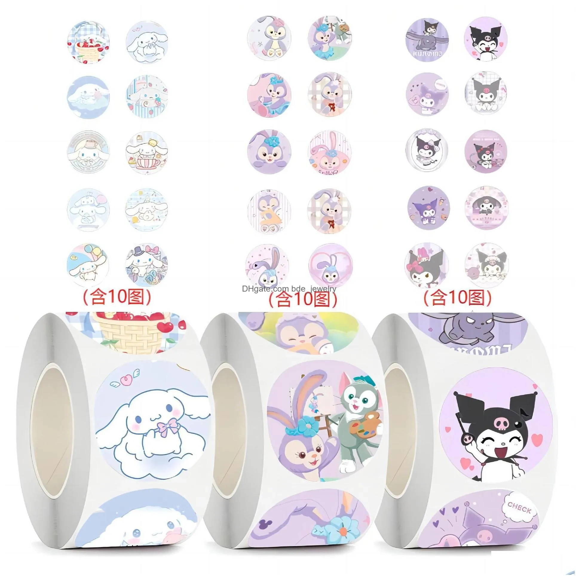 500 pcs/roll cartoon stickers kuromi pacha dog ania roll stickers cute closure stickers for handbooks