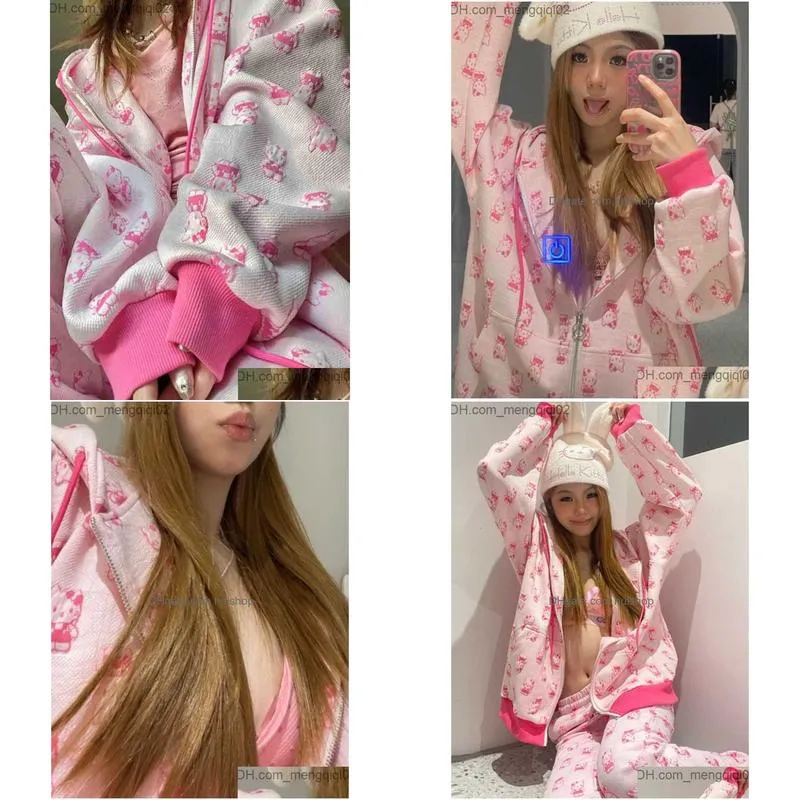 Mens Hoodies Sweatshirts Houzhou Y2K Extra Large Kaii Pink Zipper Hoodie Womens Soft Girl Japan Harajuku Cute Print Sweatshirt Top Dhqov