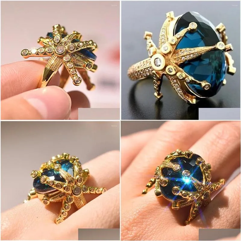 Cluster Rings Fishion 14K Gold Color Sapphire Gemstone Ring For Women Peacock Blue Topaz Stone Dainty 925 Jewelry Birthday Gift Mom D Dhioh