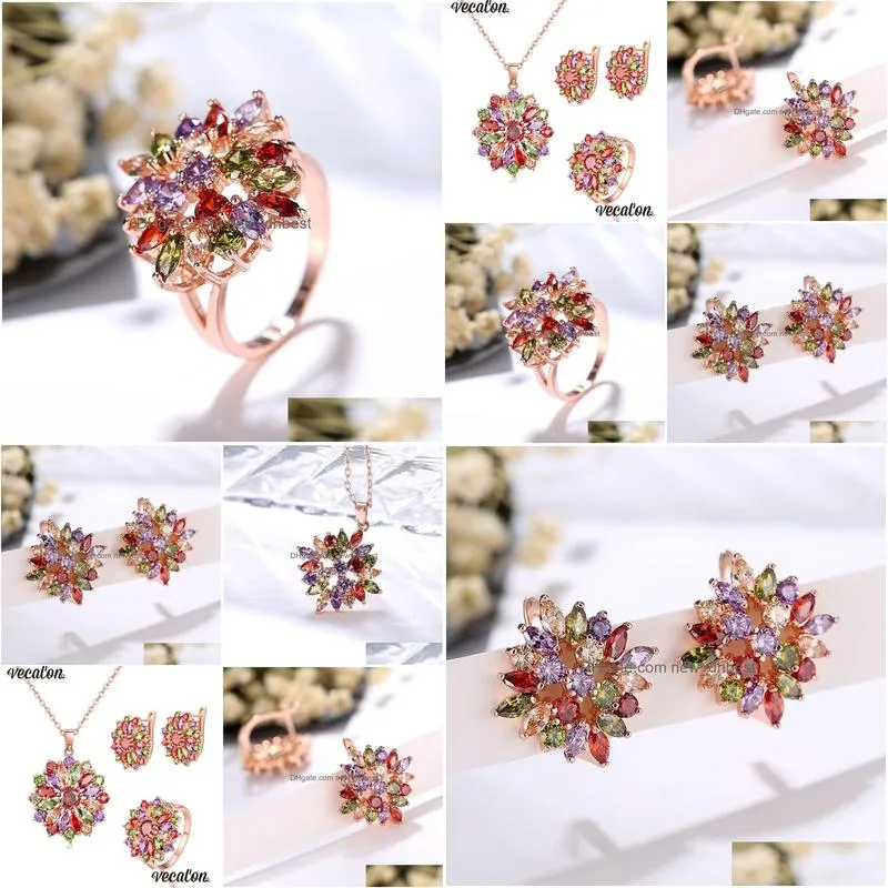 Wedding Jewelry Sets Vecalon New Flower Style Mutil Colors 5A Zircon Cz Rose Gold Filled Necklace Earringe Ring Set For Women2758367 Dhjwj