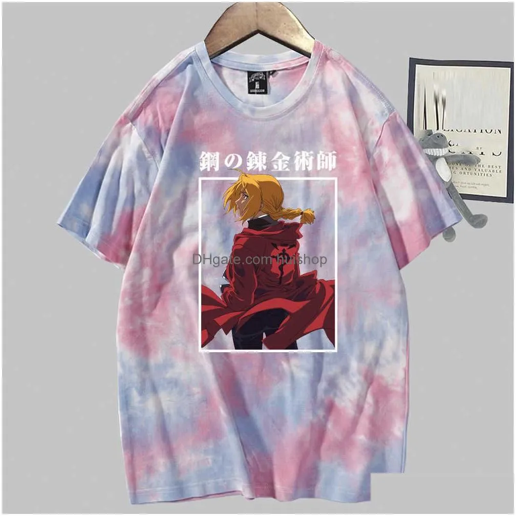 fullmetal alchemist anime short sleeve o-neck tie dye casual loose uniex t-shirt y0809