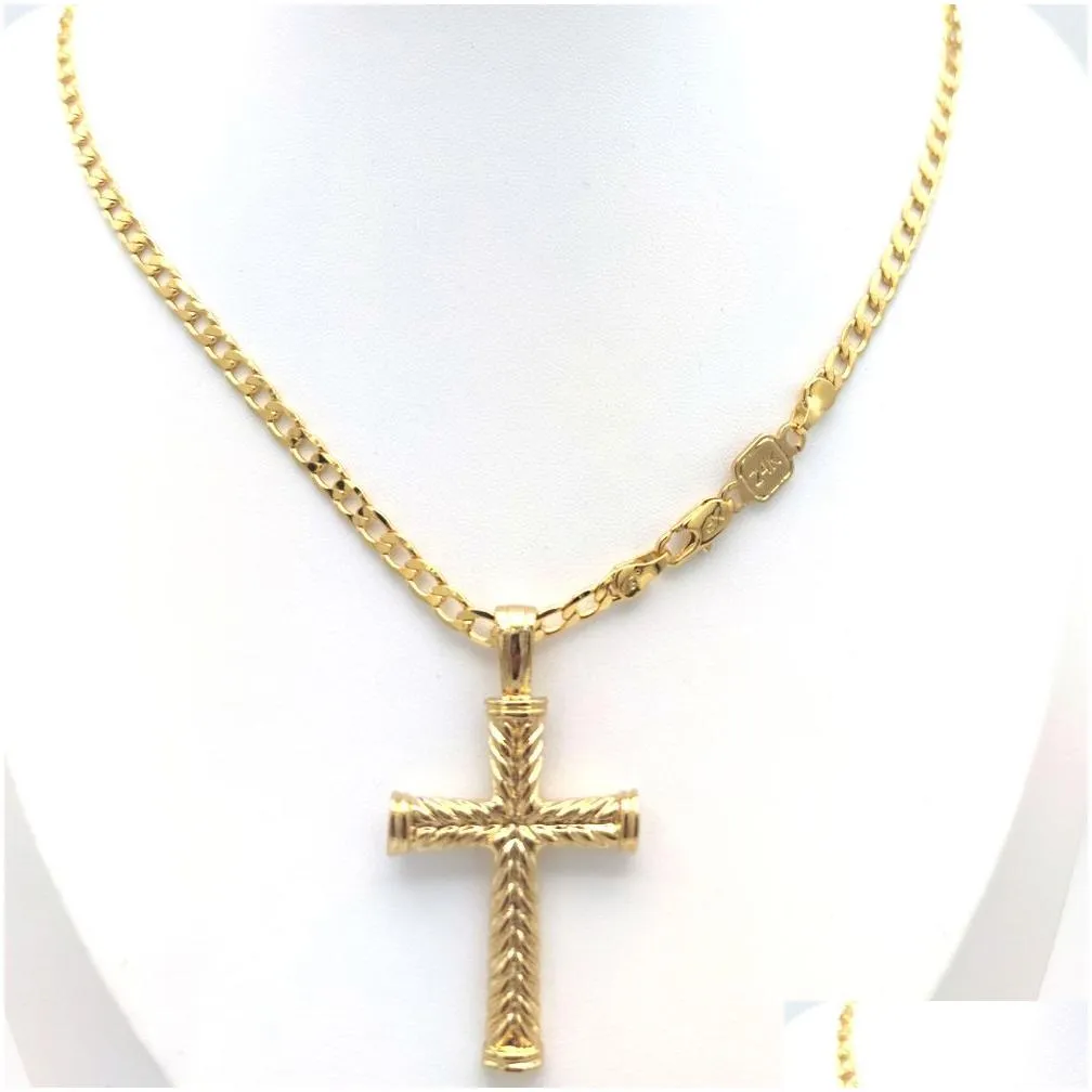 Pendant Necklaces Cross 24 K Solid Gold Gf Charms Lines Necklace Curb Chain Christian Jewelry Factory Wholesalecrucifix God Drop Deli Otjcy