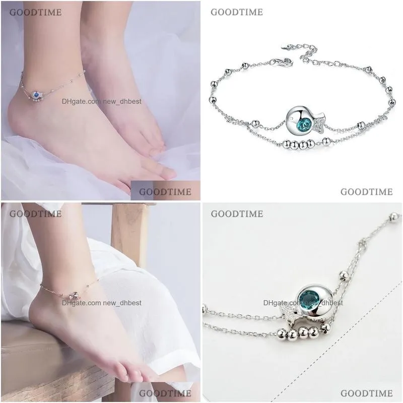 Other Anklets Fashion Pure 925 Sterling Sier Anklet Fish Crystal Round Beads For Women Ankle Bracelet Foot Chain Girl Drop Delivery J Dh1Vh