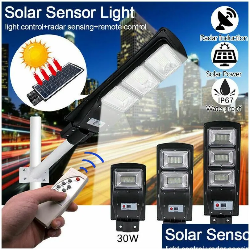 Solar Street Light 30W 60W 90W 120W Lamp Radar Motion Sensor Waterproof Ip67 Wall Outdoor Landscape Garden Road With Pole Drop Deliver Dhwcz