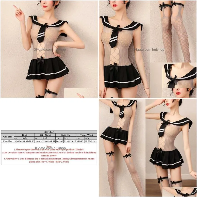 schoolgirl sexy cosplay costume women erotic sheer fishnet lingerie mini dress student stripes uniform with stockings y0913