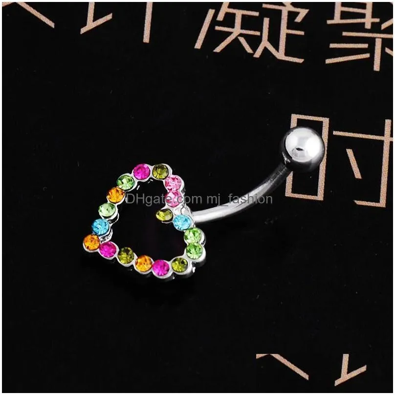 Navel & Bell Button Rings Wasit Belly Dance Colorf Love Heart Crystal Body Jewelry Stainless Steel Rhinestone Piercing Dangle For Dro Dhk7Q