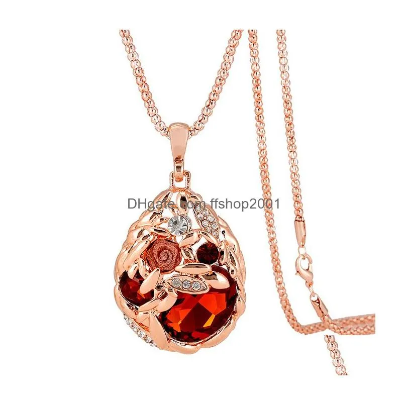 women crystal rhinestone necklaces long popcorn chain champagne rose gold flower wheat ear pendant sweater necklace fashion design party jewelry girls lady