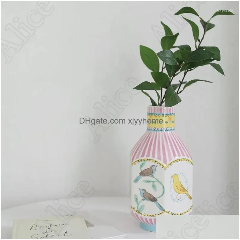 Vases Creative Paintings Ceramic Vase Nordic Hand Dn Flowers And Birds Polyhedron Flower Arrangement Bedroom Desktop Ornament Drop De Dhfgr