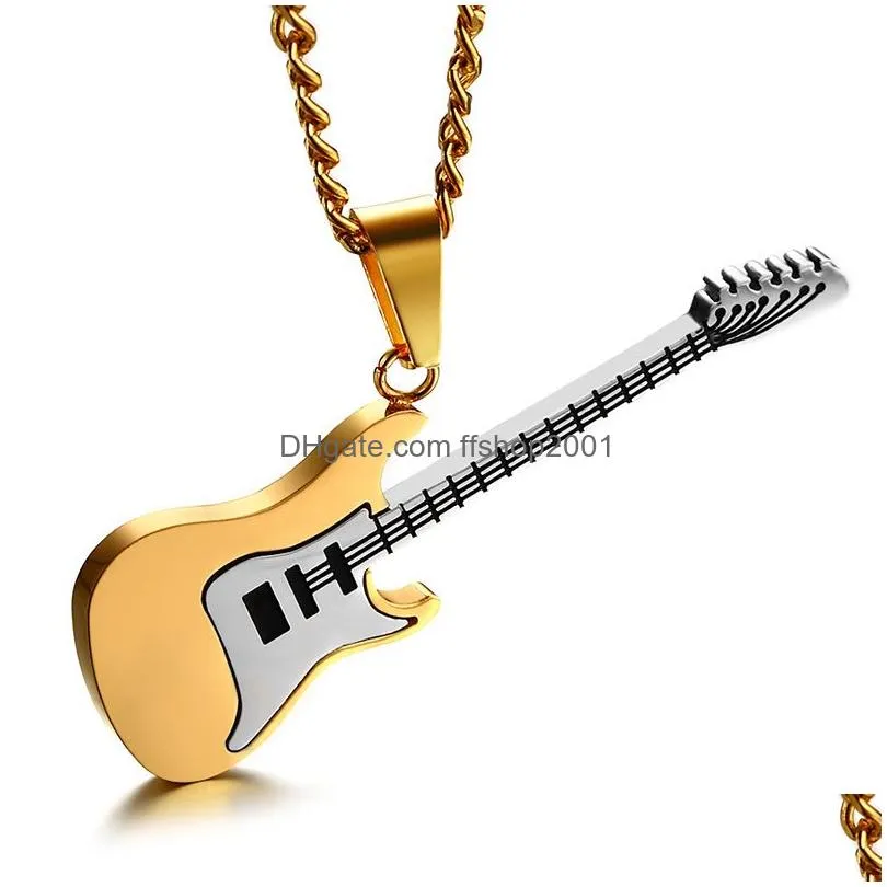 guitar necklaces for men women stainless steel/gold/black color music rock hip hop jewelry gift personalized guitar picks pendant with 24 inch