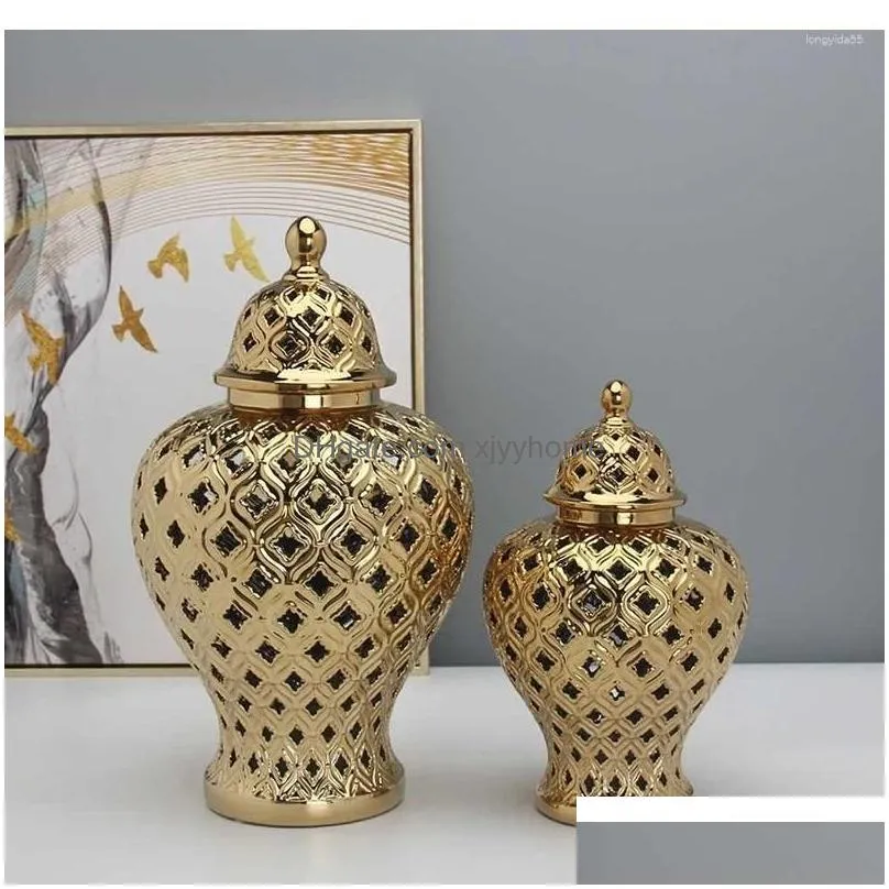 Vases Golden Hollow General Jar Modern Dried Flower Vase Ceramic Ginger Storage Home Decoration Arrangement Accessories Drop Delivery Dhgnz