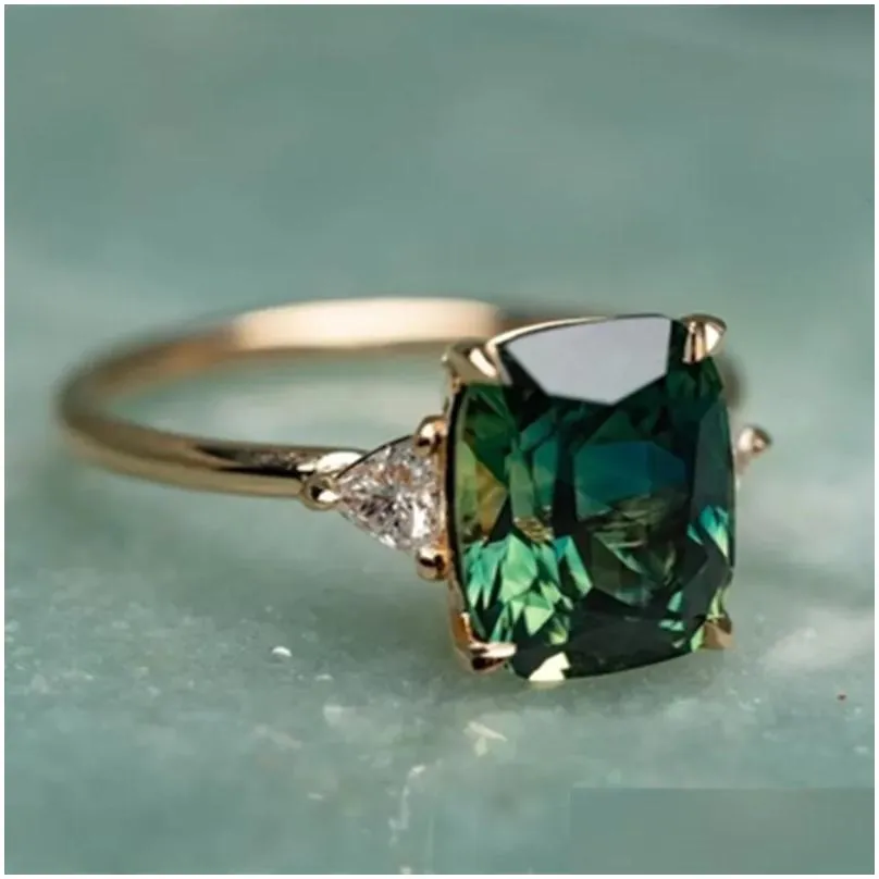 Wedding Rings Vintage Square Emerald Ring For Women Fashion Gold Color Inlaid Green Zircon Bridal Engagement Jewelry Gift Female Drop Dh1Tq