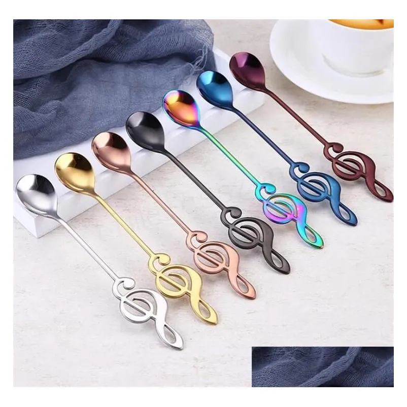 Spoons 7 Colors Stainless Steel Small Coffee Creative Music Symbol For Ice Cream Dessert Tea Drop Delivery Home Garden Kitchen, Dining Dhvcf