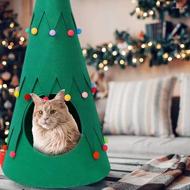 Cat Beds Pet Supplies Christmas Green Felt Mat Nest Cute Festive Atmosphere Fur Ball Tree House