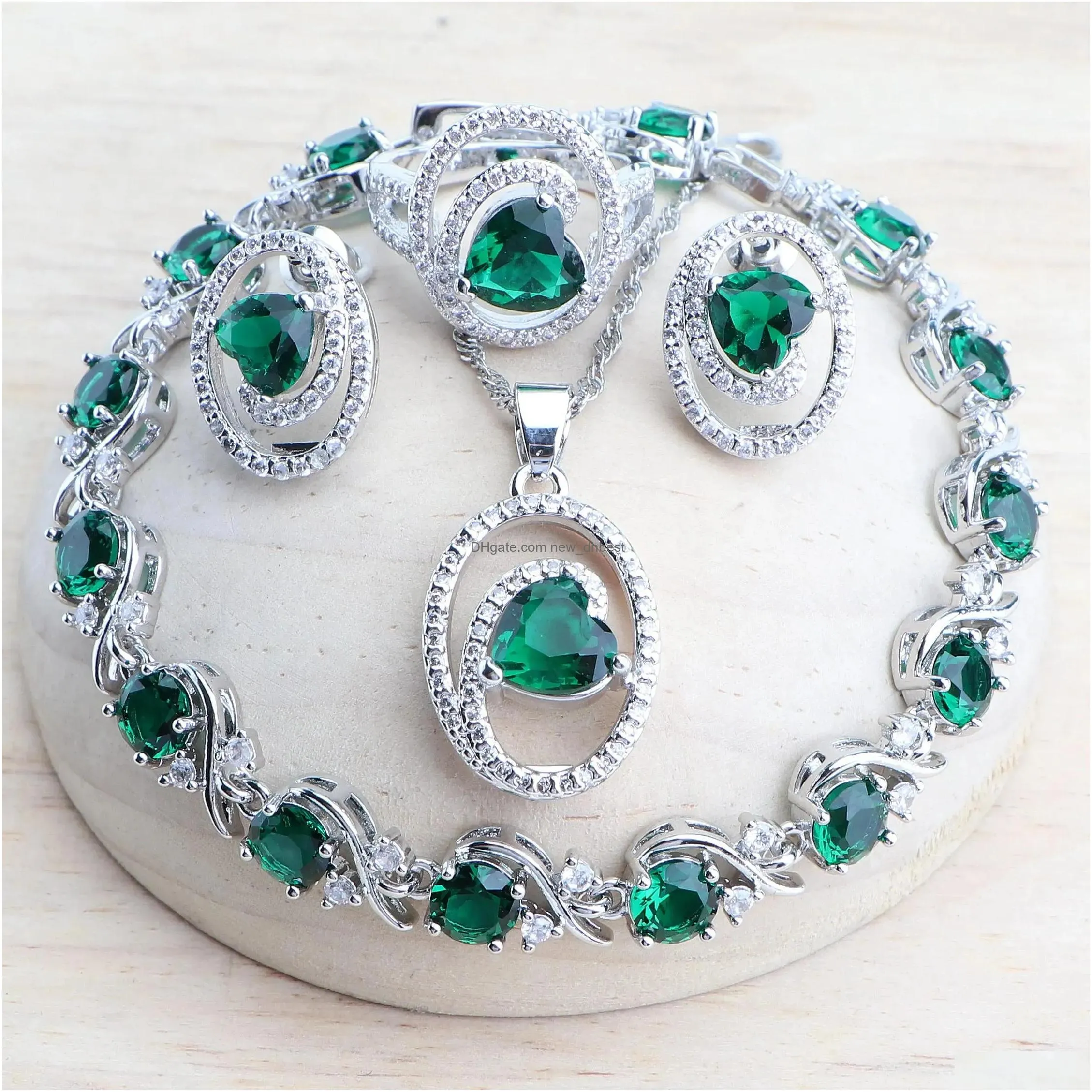 Bracelet & Necklace Sets Sier Bridal Jewelry For Women Green Zircon Wedding Jewerly Earrings Rings Stones Bracelets Pendant Set Drop Dhhp1