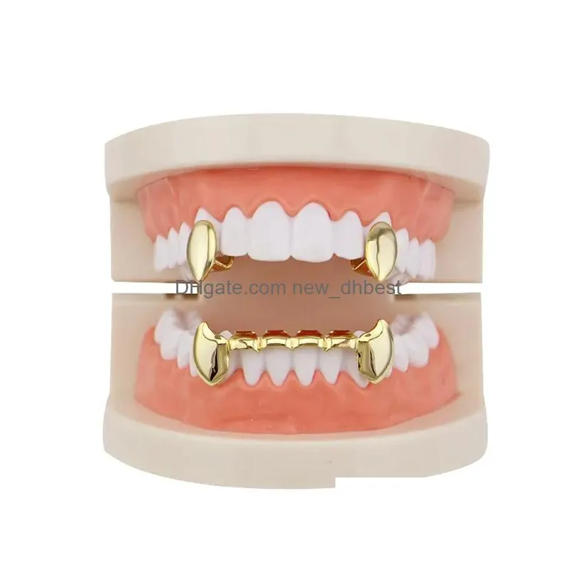 Grillz, Dental Grills Hip Hop Smooth Grillz Real Gold Plated Vampire Tiger Teeth Rappers Body Jewelry Four Colors Golden Sier Rose Gu Dh1Mq