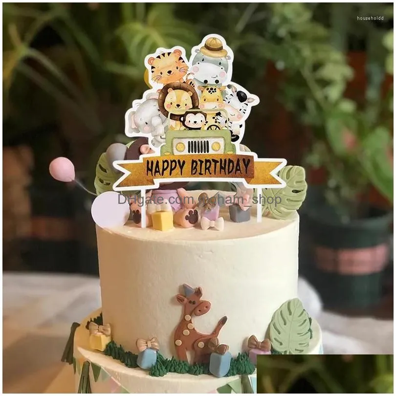 cake tools cartoon animals topper jungle safari giraffe tiger monkey elephant cupcake happy birthday party baby shower supplies