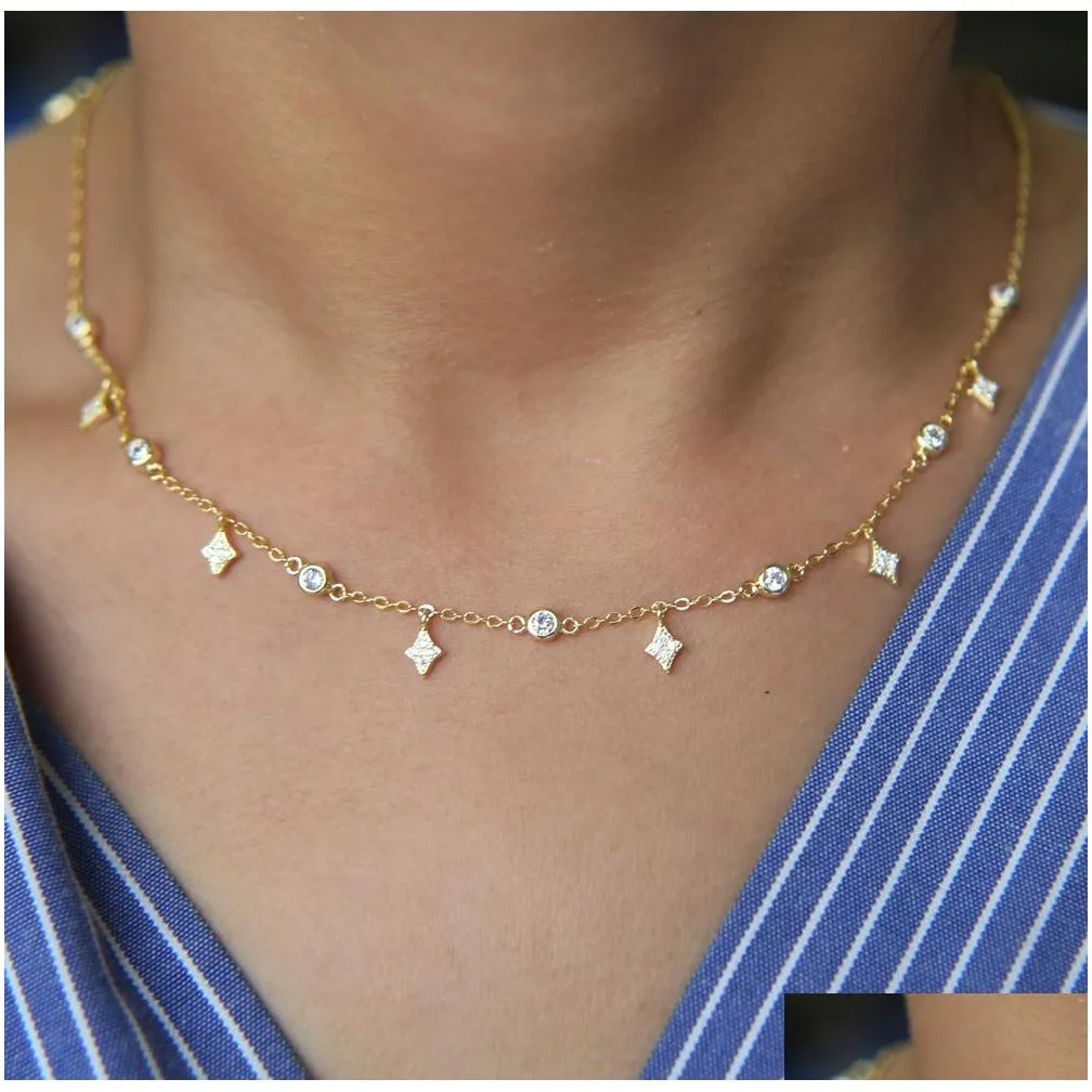 factory fashion women choker 337cm gold rose rhodium diamond shape cz drop charm cz station women gold fashion necklace