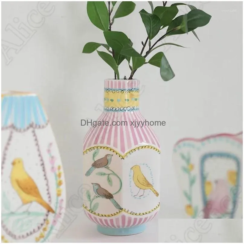 Vases Creative Paintings Ceramic Vase Nordic Hand Dn Flowers And Birds Polyhedron Flower Arrangement Bedroom Desktop Ornament Drop De Dhfgr