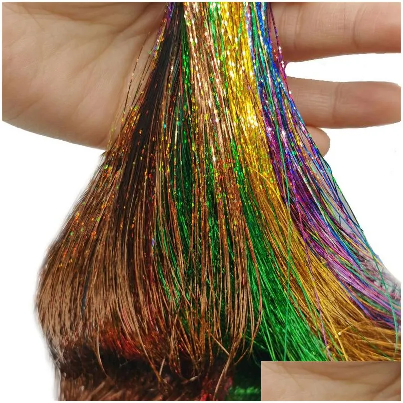 90cm Shiny Threads Glitter Hair Tinsel Kit Glitter String Extensions Hippie Accessories for Women Headdress 23 Colors