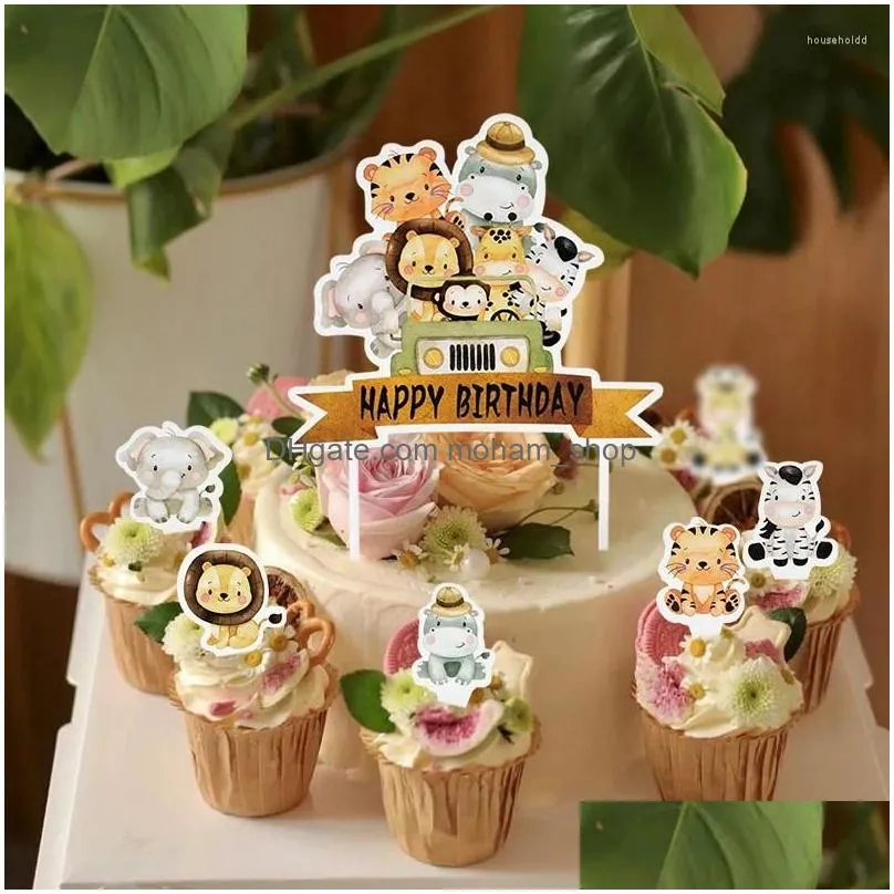 cake tools cartoon animals topper jungle safari giraffe tiger monkey elephant cupcake happy birthday party baby shower supplies