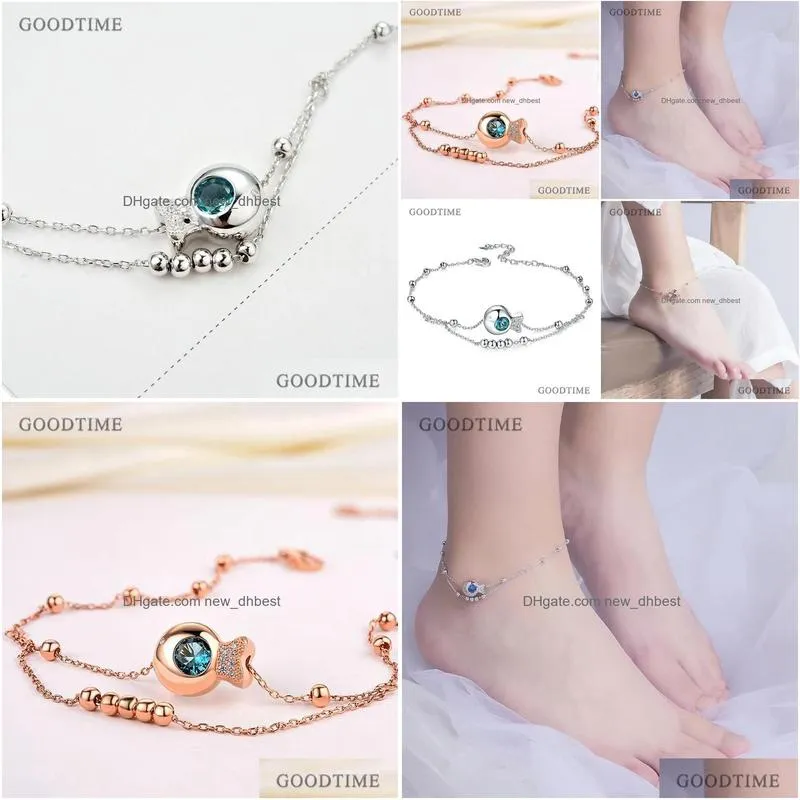 Other Anklets Fashion Pure 925 Sterling Sier Anklet Fish Crystal Round Beads For Women Ankle Bracelet Foot Chain Girl Drop Delivery J Dh1Vh