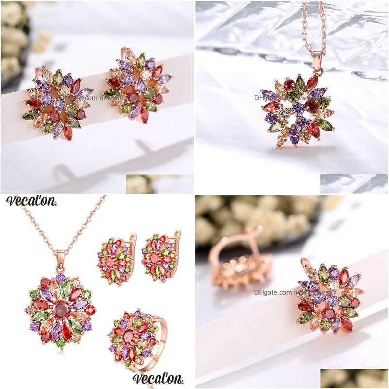 Wedding Jewelry Sets Vecalon New Flower Style Mutil Colors 5A Zircon Cz Rose Gold Filled Necklace Earringe Ring Set For Women2758367 Dhjwj