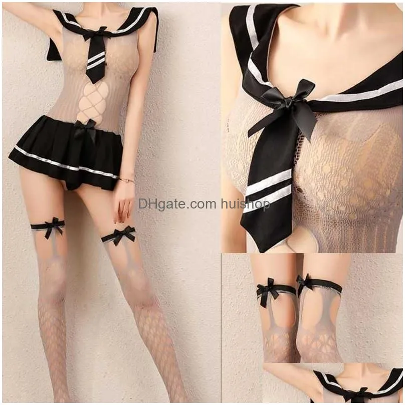 schoolgirl sexy cosplay costume women erotic sheer fishnet lingerie mini dress student stripes uniform with stockings y0913