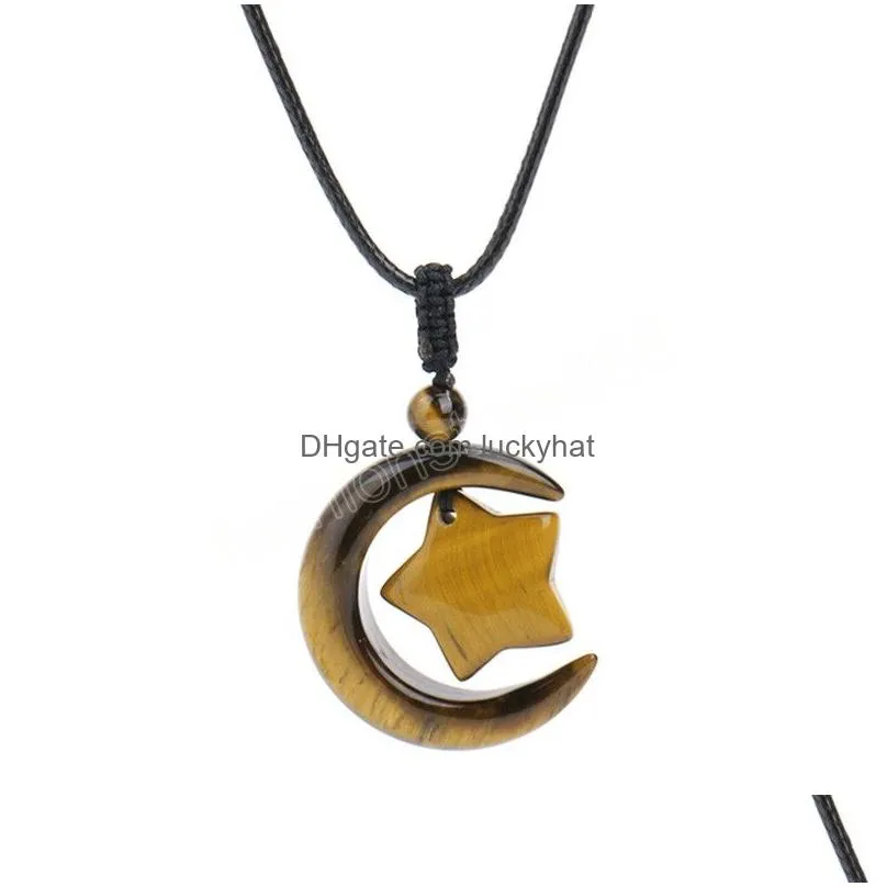 Pendant Necklaces Moon Star Crystal Necklace For Women Natural Stone Healing Rose Pink Tiger Eye Jewelry Man Drop Delivery Pendants Dh1Bt