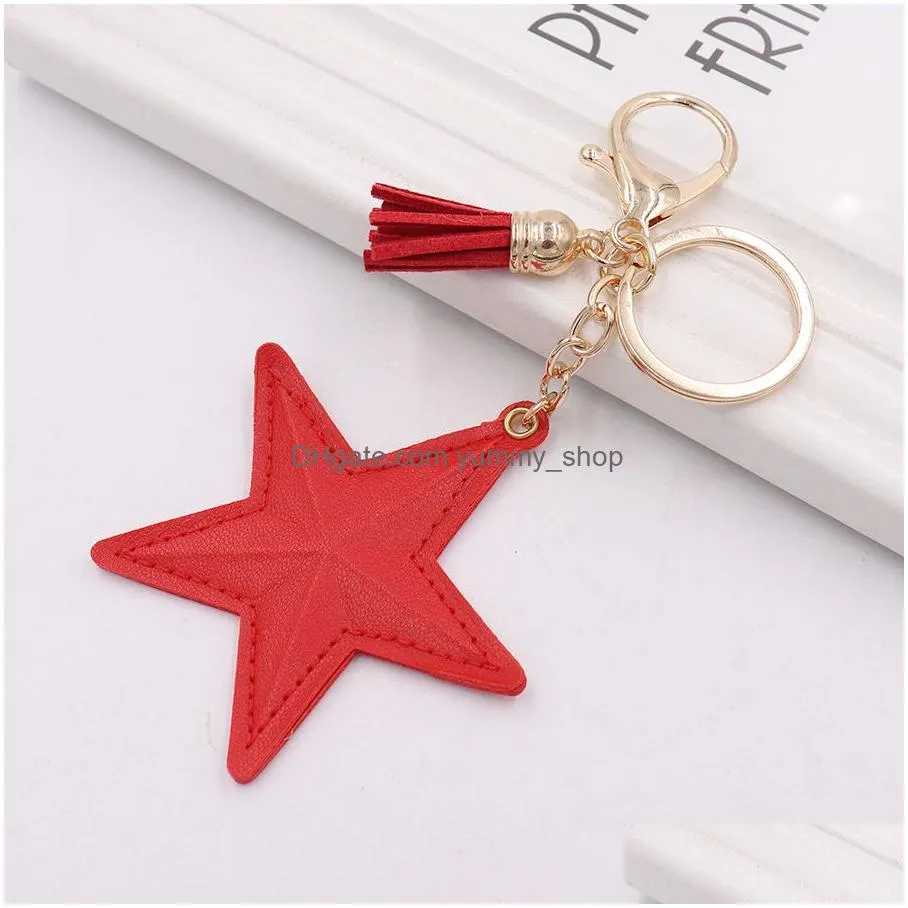 five star keychains accessories tassel pendant key chains rings fobs fashion design pu leather women bag charms gold metal car keyrings