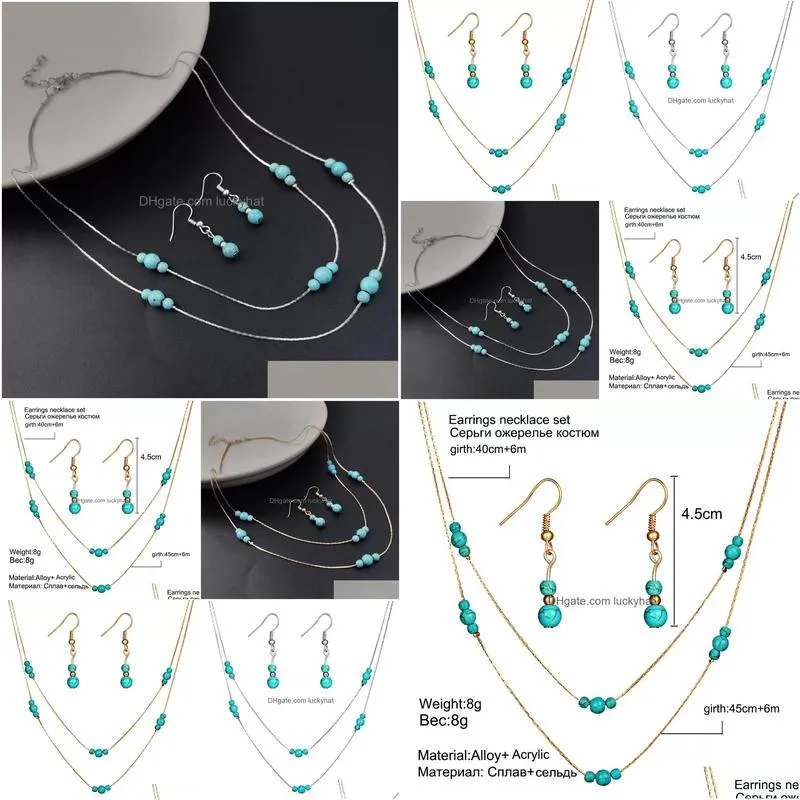 Pendant Necklaces Brand New Vintage Turquoise Jewelry Sets Blue Necklace Earring Ring Set Drop Delivery Pendants Dhtho