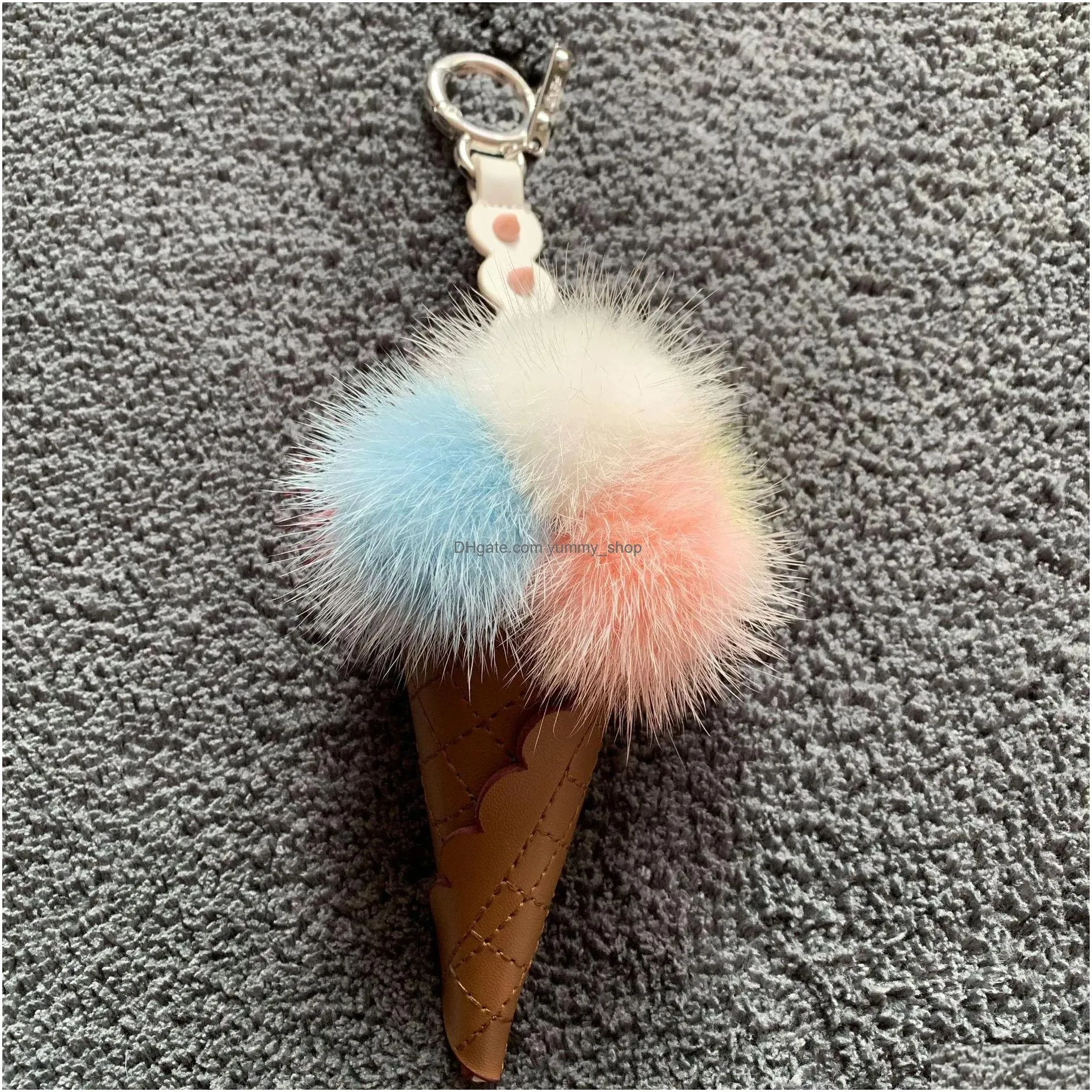 mink fur monster ice cream bag bugs charm keyring charm car phone key ring pendant pom pom keychain fur key chain accessories