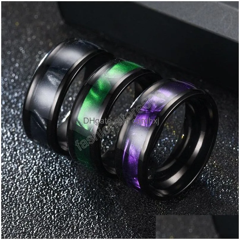 Band Rings 8Mm Black Gradient Inlaid Shells Ring Stainless Steel For Men Women Female Finger Simple Charms Wedding Jewelry Drop Deliv Dh2Py