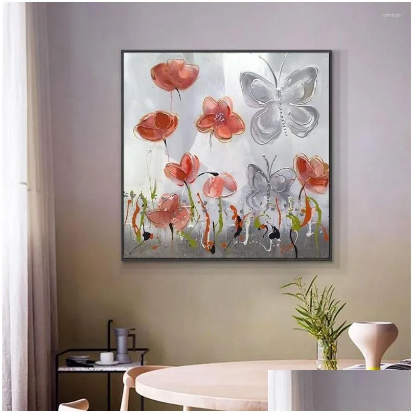 Paintings Abstract Flowers With Butterfly Painting On Canvas Hand Painted Oil Handmade Decorative Wall Art ForLiving Room