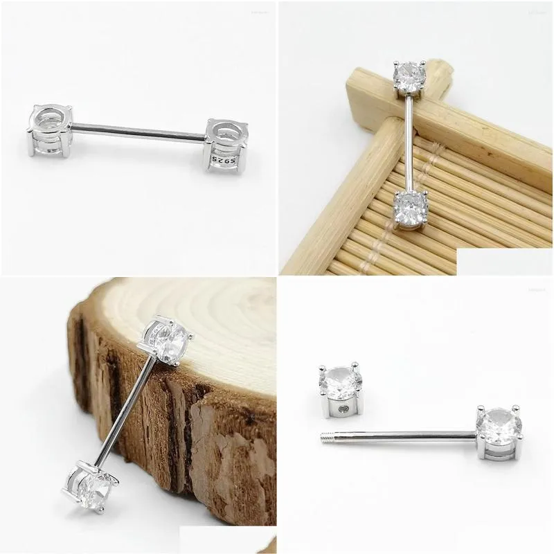 Body Jewelry 925 Sterling Silver Nipple Ring Front Facing Double CZ Bar Barbell 18G 14/16mm
