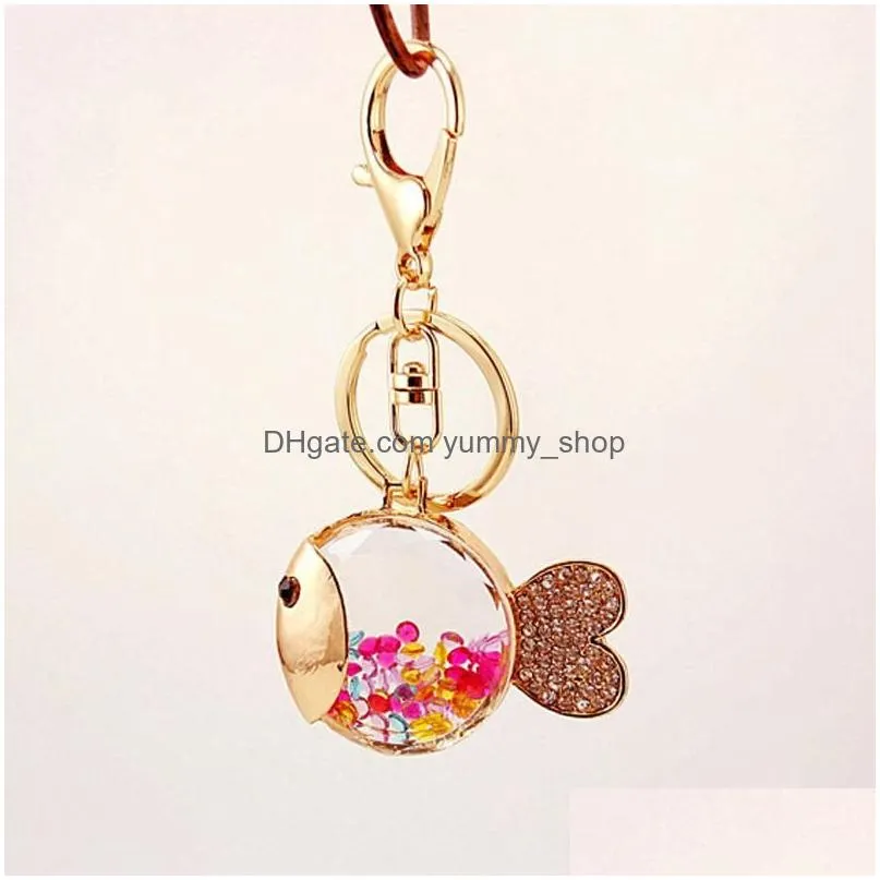 animal fish pendant keychain 40x51mm crystal floating locket alloy gold tone lobster clasp keyring car accessories key holders