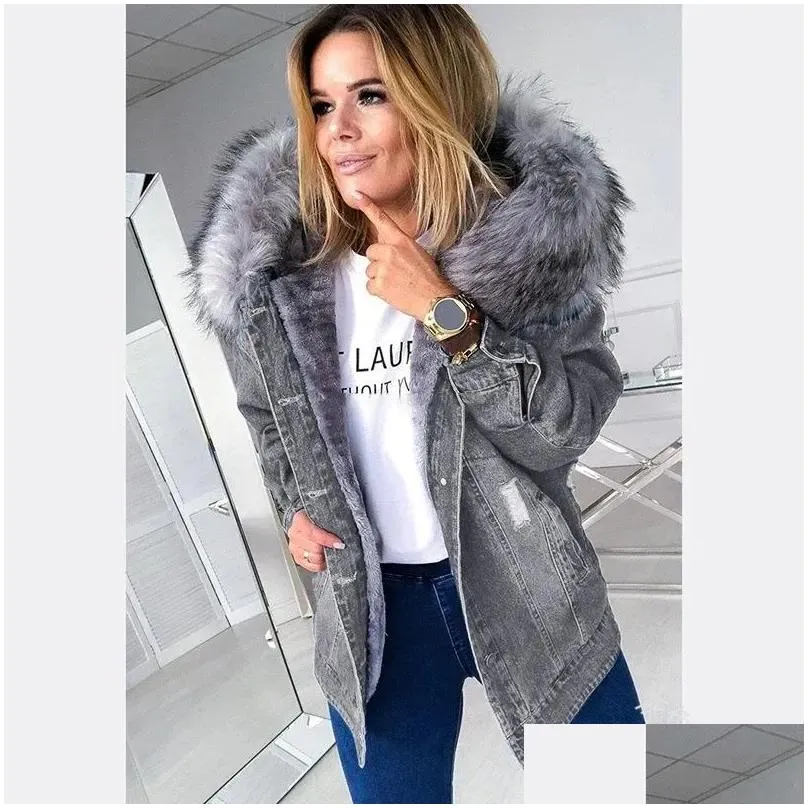 Grey denim jacket with fur new arrivals