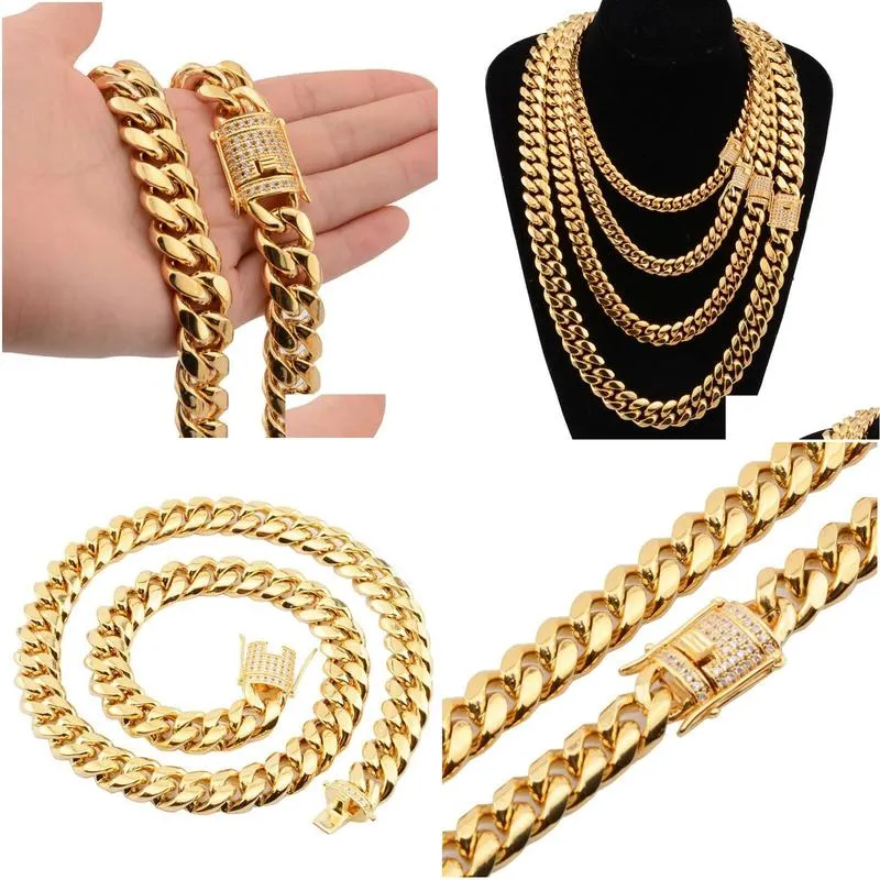 Chains 6-18mm Wide Stainless Steel Cuban  Necklaces CZ Zircon Box Lock Big Heavy Gold Chain For Men Hip Hop Rock JewelryChains