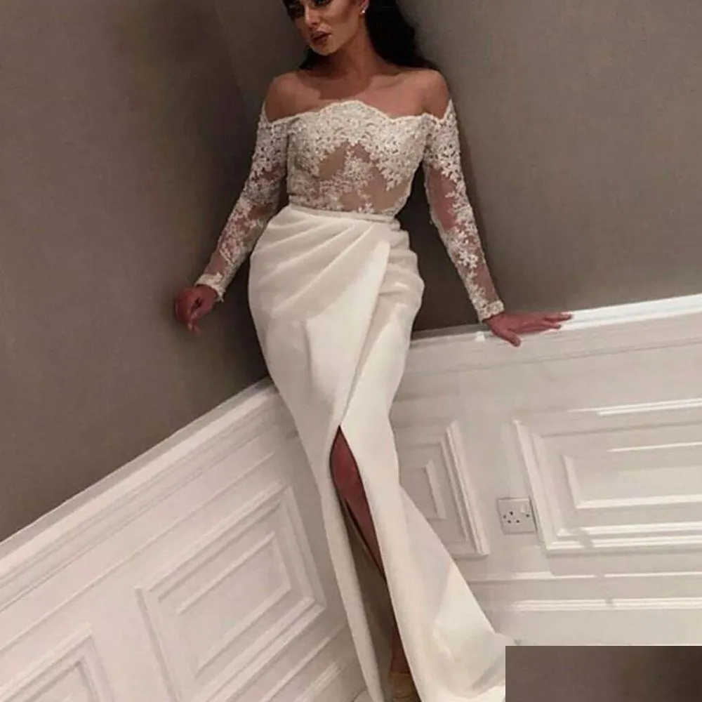 Ivory Long Sleeve Lace Top Sexy Slit Mermaid Saudi Arabic Evening Gowns vestido de formatura longo Elegant Evening Dresses